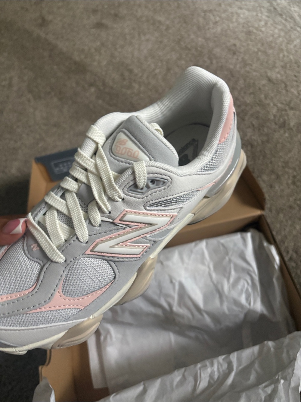 New Balance Women's 9060 Sneaker in White and Pink Accents